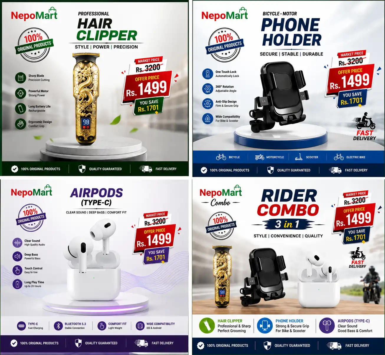 Product image of NEPOmart Rider Combo 3-in-1 – Hair Clipper, Bike Phone Holder & Type-C AirPods
