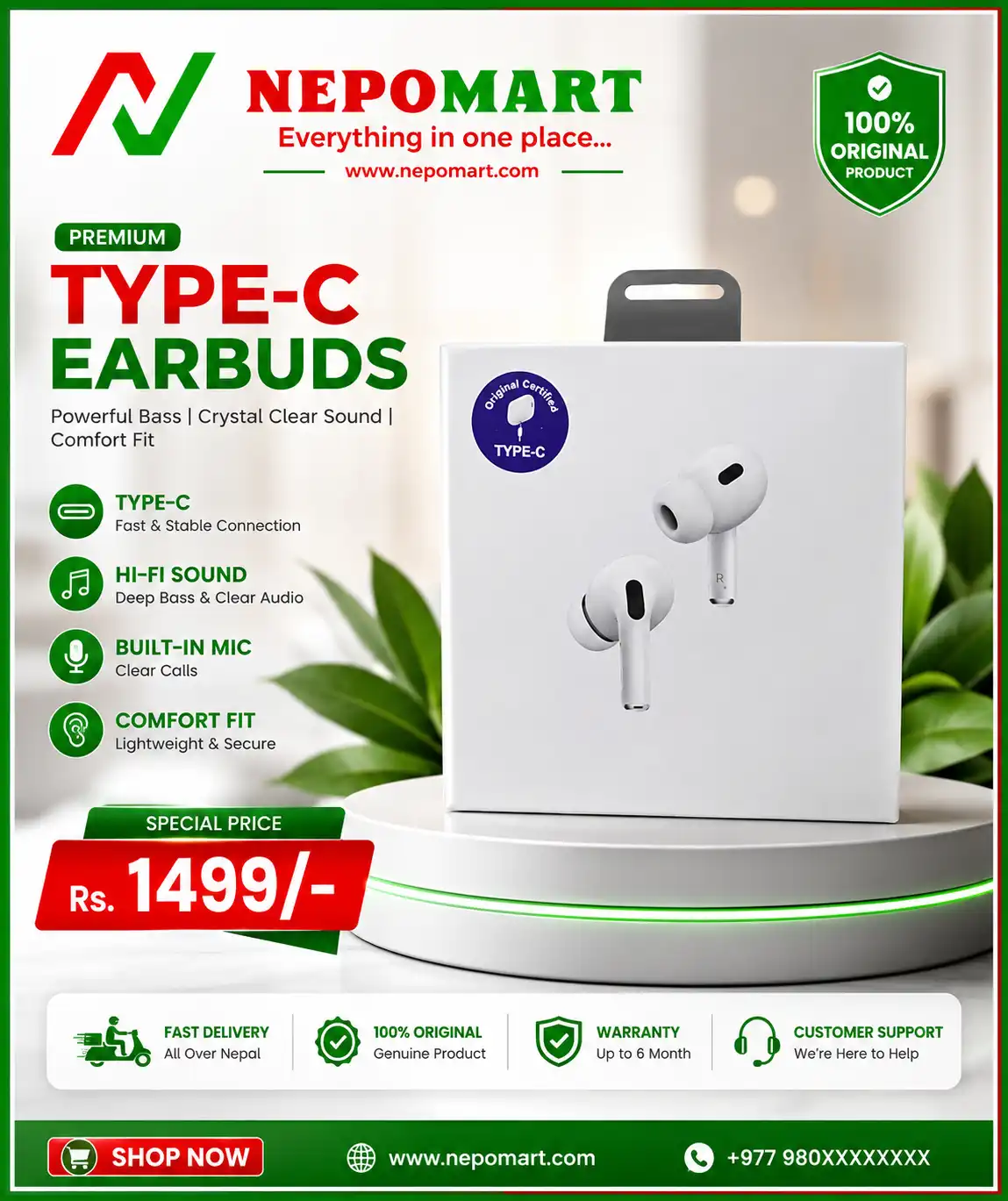 Product image of Original Certified Type-C Wireless TWS Earbuds – Bluetooth 5.3 HD Sound with Charging Case