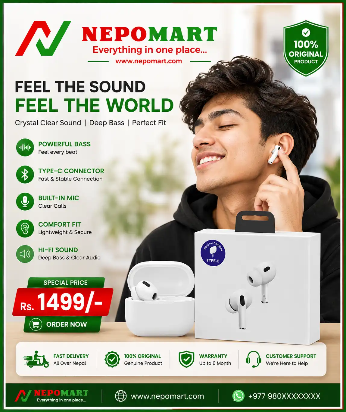 Product image of Original Certified Type-C Wireless TWS Earbuds – Bluetooth 5.3 HD Sound with Charging Case